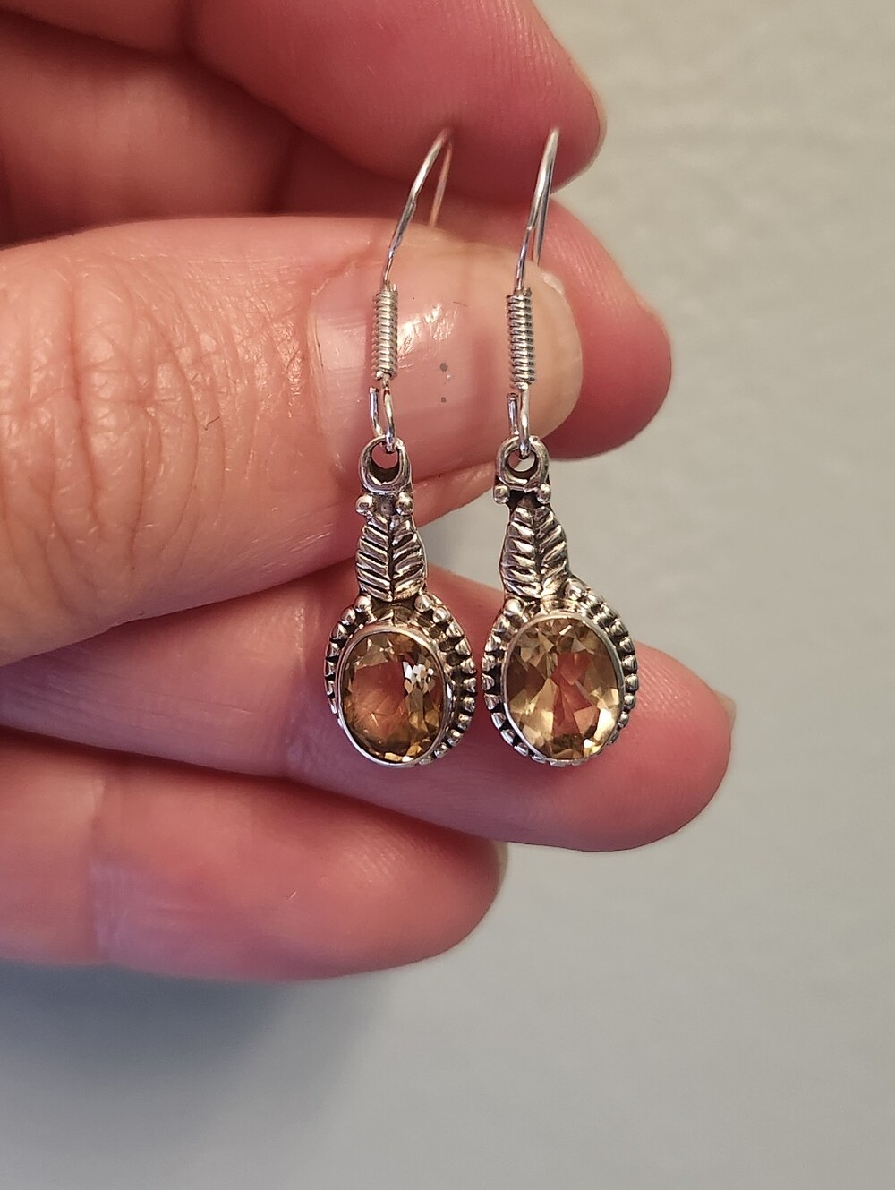 Sterling Silver Leaf Dangle Earrings with Genuine Citrine Gemstone